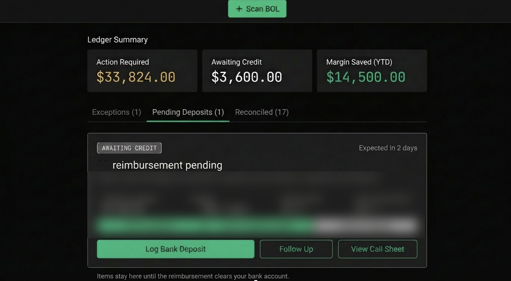 Trasio FuelMatch ledger tracking a vendor reimbursement — dispute acknowledged, deposit pending