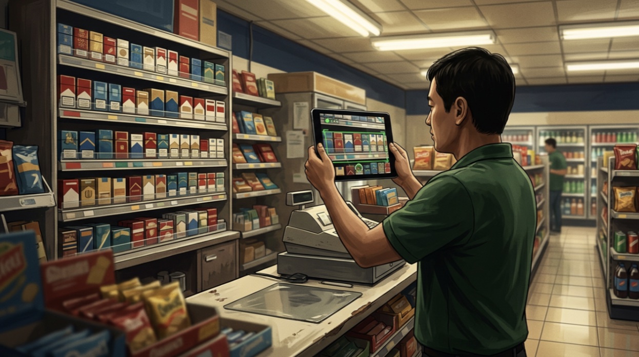 Cashier using a tablet to count cigarette inventory on convenience store shelves