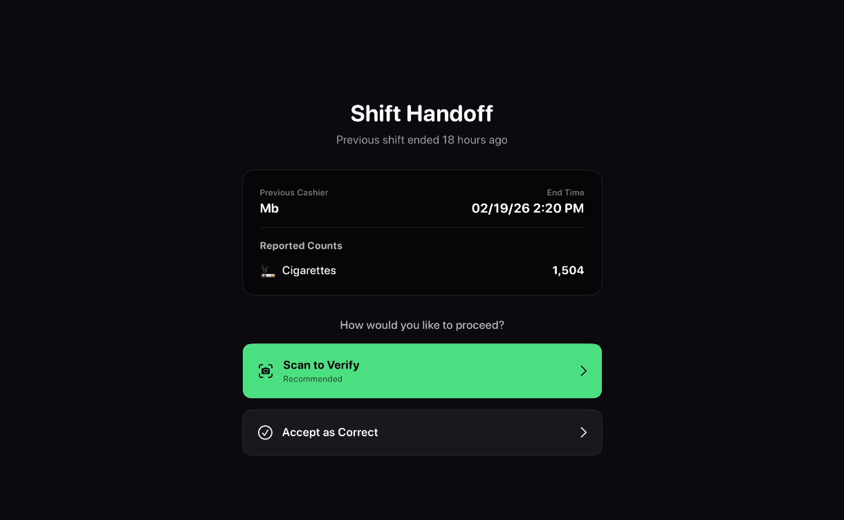 Trasio ShiftClose shift handoff screen with previous cashier counts and Scan to Verify action
